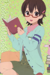Rule 34 | 1girl, book, character name, glasses, hair ornament, hairclip, holding, holding book, k-on!, manabe nodoka, no shoes, open book, pillow, smile, socks, solo