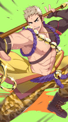 Rule 34 | 1boy, abs, absurdres, bara, bare pectorals, boots, camouflage, camouflage pants, character request, chest hair, demon x eater, facial hair, facial mark, fighting stance, foot out of frame, forehead mark, highres, holding, holding polearm, holding weapon, large pectorals, leather, leather boots, male focus, mature male, mazjojo, muscular, muscular male, navel, navel hair, nipples, over shoulder, paid reward available, pants, pectorals, polearm, priest, paid reward available, short hair, sideburns, single bare shoulder, single sleeve, smile, solo, stomach, stubble, thick thighs, thighs, weapon, weapon over shoulder, yellow pants