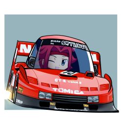 Rule 34 | 1girl, absurdres, blue eyes, border, car, chibi, code geass, commentary, driving, dunlop, duz, english commentary, fire, grey background, headband, highres, kouzuki kallen, le mans prototype, looking at viewer, motor vehicle, nissan, nissan skyline, one eye closed, open mouth, race vehicle, racecar, red hair, red headband, short hair, smile, solo, vehicle focus, white border