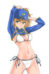 Rule 34 | 1girl, arms up, artoria pendragon (fate), bikini, blonde hair, blue hat, breasts, cleavage, covered erect nipples, fate/grand order, fate (series), green eyes, hair between eyes, hashiguchi takashi, hat, high ponytail, highres, long hair, looking at viewer, medium breasts, mysterious heroine x (fate), mysterious heroine xx (fate), navel, parted lips, ponytail, shiny skin, shrug (clothing), side-tie bikini bottom, simple background, solo, standing, swimsuit, white background, white bikini