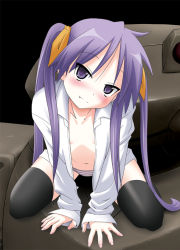 Rule 34 | 00s, 1girl, all fours, blush, collarbone, drunk, fang, flat chest, hair ribbon, head tilt, hiiragi kagami, long hair, long sleeves, lucky star, midriff, navel, open clothes, open shirt, panties, purple eyes, purple hair, ribbon, satou santouhei, shirt, sleeves past wrists, solo, striped clothes, striped panties, thighhighs, tsurime, twintails, underwear
