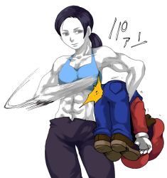 Rule 34 | 1boy, 1girl, abs, ass, bad id, bad pixiv id, bare shoulders, black hair, brown hair, capri pants, colored skin, crossover, eri muuton, femdom, grey eyes, hat, height difference, long hair, mario, mario (series), midriff, motion blur, muscular, muscular female, nintendo, overalls, pale skin, pants, ponytail, spandex, spanked, spanking, sports bra, super mario bros. 1, super smash bros., toned, white skin, wii fit, wii fit trainer, wii fit trainer (female)