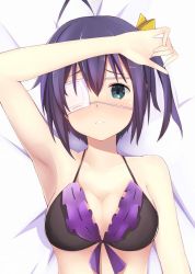 Rule 34 | 10s, 1girl, arm on own head, arm up, armpits, bad id, bad pixiv id, bed, black hair, blue eyes, blush, breasts, chuunibyou demo koi ga shitai!, cleavage, clenched teeth, eyepatch, h.l., lingerie, looking at viewer, lying, medium breasts, nose blush, on back, one side up, parted lips, swimsuit, takanashi rikka, teeth, underwear