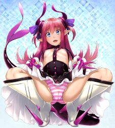 Rule 34 | 1girl, absurdres, blue eyes, boots, breasts, clothes lift, dragon girl, dragon horns, elizabeth bathory (fate), elizabeth bathory (fate/extra ccc), fang, fate/extra, fate/extra ccc, fate/grand order, fate (series), finger cots, full body, highres, horns, lifting own clothes, long hair, looking at viewer, minakuchi takashi, open mouth, panties, pink hair, pointy ears, revealing clothes, skirt, skirt lift, small breasts, solo, spiked boots, spread legs, squatting, striped clothes, striped panties, tail, underwear