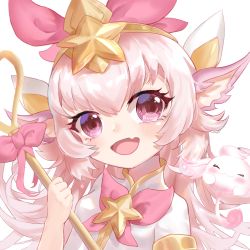 Rule 34 | 1girl, alternate color, animal ears, fang, headpiece, holding, holding staff, league of legends, long hair, looking at viewer, lulu (league of legends), magical girl, natsuichi-sama, open mouth, pink eyes, pink hair, pix (league of legends), skin fang, smile, staff, star (symbol), star guardian (league of legends), star guardian lulu, tiara, upper body, yordle