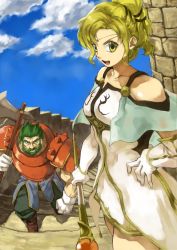 Rule 34 | 1boy, 1girl, armor, axe, blonde hair, day, dozla (fire emblem), dress, fire emblem, fire emblem: the sacred stones, green eyes, green hair, highres, holding, holding axe, holding weapon, l&#039;arachel (fire emblem), looking at viewer, nintendo, outdoors, pauldrons, shino (2919), shoulder armor, smile, staff, weapon, yellow eyes