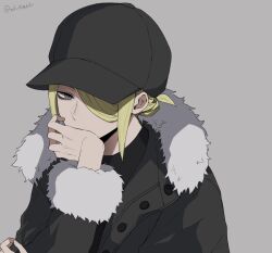 Rule 34 | 1boy, alternate costume, blonde hair, blue eyes, covering own mouth, creatures (company), game freak, hand on own face, hat, jacket, male focus, mi8mei, nintendo, pokemon, pokemon legends: arceus, sidelocks, simple background, solo, upper body, volo (pokemon), winter clothes