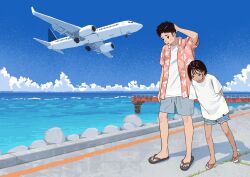 1boy 1girl absurdres aircraft airplane arms_behind_back black_eyes black_hair blue_sky blush cloud commentary_request day denim denim_shorts dock hand_on_own_head highres mashiro_ka ocean open_mouth original outdoors pink_shirt road sandals scenery shirt short_hair short_sleeves shorts sky standing tan