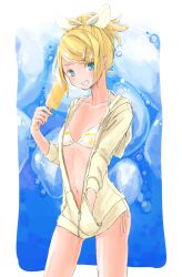 Rule 34 | 1girl, bikini, blonde hair, blue eyes, bow, bubble background, collarbone, flat chest, food, fujichika (fujichica fpf), grin, hair bow, hair ornament, hairclip, hand in pocket, highres, holding, holding food, hood, hoodie, kagamine rin, navel, popsicle, smile, solo, spaghetti strap, swimsuit, teeth, treble clef, updo, vocaloid