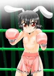 Rule 34 | 1girl, animal ears, black hair, boxing, boxing gloves, rabbit ears, female focus, flat chest, highres, inaba tewi, nipples, pugilismx, red eyes, short hair, side slit, smile, solo, sweat, topless, touhou