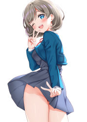 Rule 34 | 1girl, 20s, :d, ass, bare legs, blue eyes, blue jacket, blush, breasts, brown hair, cropped jacket, dress, highres, jacket, long sleeves, looking at viewer, looking back, love live!, love live! superstar!!, medium breasts, neck ribbon, no panties, one eye closed, open mouth, pleated dress, red ribbon, ribbon, sankuro (agoitei), school uniform, short hair, simple background, smile, solo, standing, tang keke, teeth, thighs, uniform, upper teeth only, v, white background, wind, wind lift