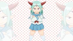 Rule 34 | 1boy, absurdres, aqua hair, babmouse, blue sailor collar, blue skirt, closed mouth, crossed arms, extra eyes, full body, highres, horns, jaggy lines, kneehighs, legs apart, long hair, long sleeves, looking at viewer, lv1 maou to one room yuusha, making-of available, maou (lv1 maou to one room yuusha), microsoft paint (medium), pleated skirt, pointy ears, polka dot, polka dot background, purple eyes, red horns, sailor collar, skirt, socks, solo, standing, straight-on, trap, tsurime, zoom layer