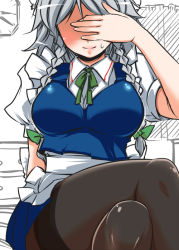 Rule 34 | 1girl, braid, breasts, covering privates, covering face, covering own eyes, crossed legs, facepalm, female focus, izayoi sakuya, large breasts, maid headdress, pantyhose, short hair, silver hair, sitting, smile, solo, tajima yuuki, touhou, twin braids