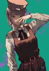 Rule 34 | 1girl, arm up, black ribbon, brown eyes, chainsaw man, doseki89, dress, earrings, fami (chainsaw man), fourth east high school uniform, hat, highres, jewelry, looking at viewer, military hat, mole, mole under eye, mole under mouth, multiple moles, neck ribbon, pinafore dress, pink hair, ribbon, ringed eyes, school uniform, short hair, sleeveless dress, solo, tassel, tassel earrings, two-tone background