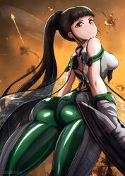 Rule 34 | 1girl, ass, ass focus, black hair, blunt bangs, bodysuit, breasts, brown eyes, canadiananiguy, eve (stellar blade), from behind, gloves, green bodysuit, highres, holding, holding weapon, long hair, looking at viewer, medium breasts, military vehicle, multicolored bodysuit, multicolored clothes, planet diving suit (7th) (stellar blade), ponytail, science fiction, shiny clothes, skin tight, solo, spacecraft, stellar blade, thick thighs, thighs, tight clothes, very long hair, weapon