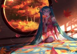 Rule 34 | absurdly long hair, aqua eyes, aqua hair, aqua nails, arm support, autumn leaves, bare shoulders, black thighhighs, commentary request, covering own mouth, detached sleeves, floral print, flower, full body, hair flower, hair ornament, hand up, hatsune miku, highres, holding, holding leaf, indoors, japanese clothes, kimono, leaf, long hair, looking at viewer, maple leaf, nail polish, nule3309, red kimono, red sleeves, round window, shoulder tattoo, sitting, sleeveless, sleeveless kimono, smile, sunlight, tattoo, thighhighs, tree, twintails, very long hair, vocaloid, window, zettai ryouiki