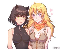 Rule 34 | 2girls, animal ears, artist name, black bodysuit, black hair, blake belladonna, blonde hair, bodysuit, breasts, breasts apart, cat ears, cleavage, closed mouth, collarbone, eye contact, heart, kio rojine, long hair, looking at another, medium breasts, multiple girls, open mouth, partially unzipped, purple eyes, rwby, shiny clothes, short hair, simple background, sleeveless, smile, standing, very long hair, white background, yang xiao long, yellow eyes, yuri
