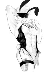 Rule 34 | 1boy, :q, animal ears, arm up, armpits, bare shoulders, between pectorals, blindfold, blush, bulge, commentary, condom, condom packet strip, condom wrapper, detached collar, erection, erection under clothes, facing viewer, gojou satoru, greyscale, highres, jujutsu kaisen, leotard, male focus, male playboy bunny, monochrome, moy64904958, muscular, muscular male, pectorals, rabbit ears, rabbit tail, short hair, solo, strapless, strapless leotard, symbol-only commentary, tail, thick thighs, thigh strap, thighs, tongue, tongue out