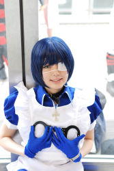 Rule 34 | 1girl, apron, asian, blue eyes, blue gloves, blue hair, blurry, collar, color contacts, contrapposto, cosplay, cosplay photo, cross, cuffs, depth of field, eyepatch, gloves, handcuffs, highres, ikkitousen, indoors, looking at viewer, maid, maid apron, mole, namada, photo (medium), puffy short sleeves, puffy sleeves, ryomou shimei, ryomou shimei (cosplay), short sleeves, smile, solo, standing