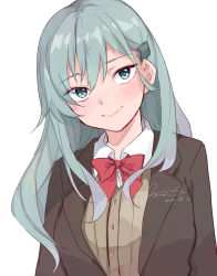 Rule 34 | 1girl, aqua eyes, aqua hair, blazer, brown cardigan, brown jacket, cardigan, commentary request, hair ornament, hairclip, hiroi09, jacket, kantai collection, long hair, looking at viewer, school uniform, signature, simple background, smile, solo, suzuya (kancolle), suzuya kai ni (kancolle), upper body, white background