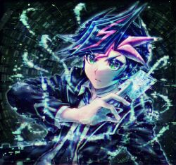 Rule 34 | 1boy, absurdres, ayakari399, black jacket, blue hair, blue necktie, card, collared shirt, commentary, english commentary, fujiki yusaku, green eyes, highres, holding, holding card, jacket, male focus, multicolored hair, necktie, pink hair, shirt, short hair, solo, spiked hair, trading card, two-tone hair, upper body, white shirt, yu-gi-oh!, yu-gi-oh! vrains