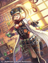 Rule 34 | 10s, 1girl, belt, blonde hair, bottle, breasts, brick wall, brown-framed eyewear, brown gloves, cardfight!! vanguard, cleavage, coat, coat stash, company name, dutch angle, flask, foreshortening, glasses, gloves, goggles, goggles on headwear, green eyes, hat, high ponytail, highleg, highleg leotard, hook, indoors, lab coat, leotard, long hair, looking at viewer, mado*pen, medium breasts, official art, open clothes, open coat, open mouth, outstretched arm, pants, ponytail, pouch, scarf, solo, standing, steam doctor enja, steampunk, thigh strap, tool belt, tools, vial, watermark, window, wrench