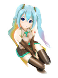 Rule 34 | 00s, 1girl, between breasts, blue eyes, blue hair, breasts, chair, detached sleeves, female focus, full body, grin, hatsune miku, long hair, looking at viewer, matching hair/eyes, microsd (pibo), necktie, necktie between breasts, parted lips, simple background, sitting, skirt, small breasts, smile, solo, teeth, thighhighs, twintails, vocaloid, white background