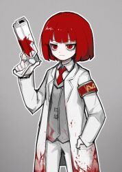 Rule 34 | 1girl, blood, blood on clothes, closed mouth, coat, collared shirt, e.g.o (project moon), employee (project moon), flaw eight, grey background, grey vest, lobotomy corporation, long sleeves, necktie, project moon, red eyes, red hair, red necktie, shirt, short hair, simple background, solo, vest, white coat, white shirt