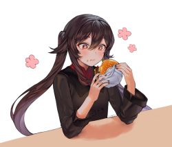 Rule 34 | 1girl, absurdres, black nails, blush, brown hair, burger, chinese clothes, eating, food, food on face, genshin impact, hair between eyes, highres, holding, holding food, hu tao (genshin impact), lilithmy, long hair, long sleeves, nail polish, red eyes, simple background, solo, sparkling eyes, symbol-shaped pupils, twintails, white background