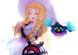 Rule 34 | 1girl, :d, bad id, bad pixiv id, bag, blonde hair, blunt bangs, braid, closed eyes, collared dress, commentary request, cosmog, creatures (company), dress, duffel bag, flat chest, game freak, gen 7 pokemon, hat, legendary pokemon, light, lillie (pokemon), long hair, looking at viewer, mopiwo, nintendo, open mouth, poke ball theme, pokemon, pokemon (creature), pokemon sm, simple background, sleeveless, sleeveless dress, smile, sun hat, sundress, teeth, thick eyebrows, twin braids, white background, white dress, white hat