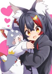 Rule 34 | 1girl, absurdres, animal, animal ear fluff, animal ears, animal hug, black hair, black hoodie, hair ornament, hairpin, highres, hololive, hood, hoodie, long hair, looking at viewer, miofa (ookami mio), multicolored hair, official alternate costume, ookami mio, ookami mio (casual), open mouth, ponytail, red hair, smile, streaked hair, two-tone hoodie, virtual youtuber, wappa, white hoodie, wolf, wolf ears, wolf girl, yellow eyes