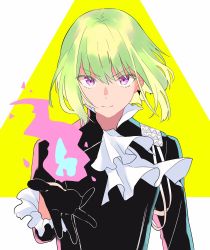 Rule 34 | 1boy, ascot, black gloves, black jacket, blonde hair, earrings, fire, gloves, green hair, half gloves, highres, jacket, jewelry, lio fotia, looking at viewer, lq saku, male focus, outstretched hand, promare, purple eyes, pyrokinesis, solo