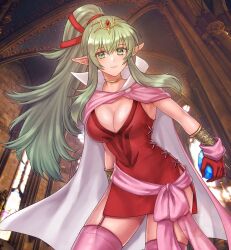 Rule 34 | 1girl, breasts, cape, cleavage, commentary request, dragonstone, dress, fire emblem, fire emblem awakening, gloves, green eyes, green hair, hair ornament, hair ribbon, hazuki (nyorosuke), highres, indoors, jewelry, large breasts, long hair, looking at viewer, nintendo, pink cape, pointy ears, ponytail, red dress, red gloves, ribbon, short dress, smile, solo, thighhighs, tiara, tiki (adult) (fire emblem), tiki (fire emblem)