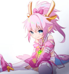 Rule 34 | 1girl, blue eyes, bow, closed mouth, detached sleeves, fang, fate/grand order, fate (series), fomnant, foreshortening, full body, hair bow, highres, horns, kumonryuu eliza (fate), long sleeves, looking at viewer, medium hair, pink bow, pink footwear, pink hair, pink tail, pointy ears, ponytail, simple background, sitting, smile, socks, solo, white background, white socks