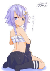 Rule 34 | 1girl, absurdres, ayuman, black socks, black skirt, blue eyes, chest sarashi, crescent, crescent hair ornament, dated, from behind, hair ornament, highres, kantai collection, kneehighs, pleated skirt, purple hair, sarashi, short hair, short hair with long locks, signature, simple background, sitting, skirt, socks, solo, translation request, wariza, white background, yayoi (kancolle)