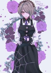 Rule 34 | 1girl, absurdres, black dress, black gloves, blonde hair, breasts, buttons, closed mouth, collared shirt, danganronpa (series), danganronpa v3: killing harmony, dress, flower, frilled shirt, frills, gift, gloves, hair over one eyes, highres, holding, holding gift, kamin (0428hopelove), large breasts, long sleeves, looking at viewer, maid headdress, pink flower, shirt, smile, solo, spider web print, tojo kirumi, translation request, white background, white shirt