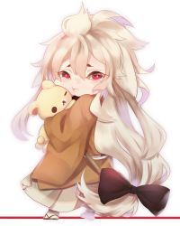 Rule 34 | 10s, 1boy, :t, aged down, bad id, bad pixiv id, chibi, from behind, full body, gradient background, japanese clothes, kogitsunemaru, korilakkuma, long hair, looking at viewer, looking back, low-tied long hair, male focus, nipponia nippon, red eyes, rilakkuma, san-x, simple background, solo, standing, stuffed toy, tears, touken ranbu, white background