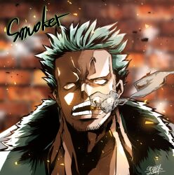 Rule 34 | 1boy, character name, cigar, commentary request, facial hair, grassjeak, grey hair, male focus, mouth hold, one piece, open mouth, short hair, signature, smoke, smoker (one piece), solo, teeth