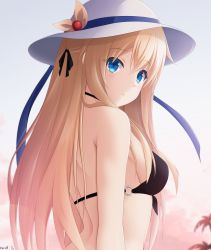 Rule 34 | 1girl, :3, bad id, bad pixiv id, bare arms, bare shoulders, bikini, black bikini, blonde hair, blue eyes, bow, breasts, closed mouth, cloud, cloudy sky, from side, hair between eyes, hair ornament, hair ribbon, hat, hat bow, hat ribbon, highres, keenh, lens flare, long hair, looking at viewer, looking back, o-ring, o-ring bikini, original, outdoors, palm tree, profile, red sky, ribbon, sideboob, signature, sky, solo, sun hat, swimsuit, tree, upper body, very long hair