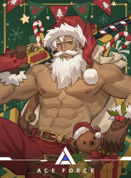 Rule 34 | 1boy, abs, absurdres, amo (amo9612), bag, bara, barber pole, beard, bell, biceps, christmas, facial hair, flag, gift, gloves, grey eyes, gun, hat, highres, leather, leather belt, leg belt, looking at viewer, lying, male focus, manly, mature male, muscular, muscular male, nipples, on back, original, pants, pectorals, santa costume, santa hat, solo, stuffed animal, stuffed toy, teddy bear, thick arms, thick eyebrows, topless male, weapon, white hair