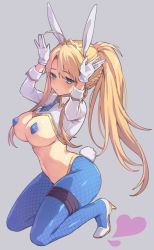 Rule 34 | 1girl, ahoge, animal ears, artoria pendragon (all), artoria pendragon (fate), artoria pendragon (swimsuit ruler) (fate), blonde hair, blue legwear, blue necktie, blush, braid, breasts, closed mouth, covered erect nipples, cropped jacket, fate/grand order, fate (series), fishnet legwear, fishnets, french braid, gloves, green eyes, grey background, hair between eyes, hands up, heart, highres, jacket, kneeling, large breasts, long hair, long sleeves, looking at viewer, meme attire, navel, necktie, pasties, ponytail, rabbit ears, rabbit tail, revealing clothes, reverse bunnysuit, reverse outfit, shrug (clothing), sidelocks, simple background, solo, swept bangs, tail, tiara, vivi (eve no hakoniwa), white gloves, white jacket, wrist cuffs