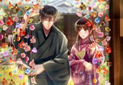 Rule 34 | 1boy, 1girl, black hair, blurry, blurry background, book, bow, brown hair, day, closed eyes, folding fan, glasses, hair bow, hand fan, hand up, hetero, highres, izumi (stardustalone), japanese clothes, kimono, long hair, looking at another, original, outdoors, pink kimono, renri no chigiri wo kimi to shiru, smile, standing, upper body, wide sleeves
