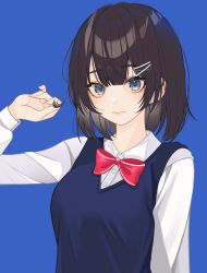 Rule 34 | 1girl, absurdres, black hair, blue background, blue eyes, blue vest, bow, bowtie, breasts, closed mouth, collared shirt, commentary, copyright request, doongdang, dress shirt, hair ornament, hairclip, hand up, highres, long sleeves, medium breasts, medium hair, mole, mole under eye, pale skin, playing with own hair, red bow, shirt, simple background, smile, solo, symbol-only commentary, upper body, vest, white shirt, x hair ornament