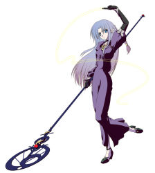 Rule 34 | 00s, 1girl, arm up, black gloves, blue eyes, braid, dress, fate/stay night, fate (series), gloves, gradient hair, grey hair, high heels, long dress, long hair, medea (fate), multicolored hair, pointy ears, simple background, solo, staff, white background, wrist cuffs