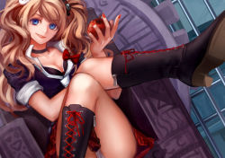Rule 34 | 10s, 1girl, apple, blonde hair, blue eyes, boots, bow, breasts, choker, cleavage, cross-laced footwear, crossed legs, danganronpa: trigger happy havoc, danganronpa (series), dated, dutch angle, enoshima junko, food, fruit, high heel boots, high heels, lace-up boots, legs, long hair, nail polish, panties, pantyshot, sitting, skirt, sleeves rolled up, smile, smirk, solo, spoilers, thighs, throne, tianna, twintails, underwear, upskirt, zipper