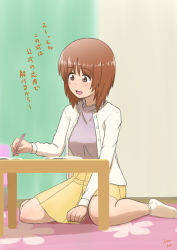 Rule 34 | 1girl, artist name, book, brown eyes, brown hair, cardigan, casual, girls und panzer, grey shirt, highres, holding, holding pen, indoors, lettuce-labo, long sleeves, medium skirt, nishizumi miho, on floor, open cardigan, open clothes, open mouth, pen, pleated skirt, shirt, short hair, signature, sitting, skirt, smile, socks, solo, table, wariza, white cardigan, white socks, yellow skirt