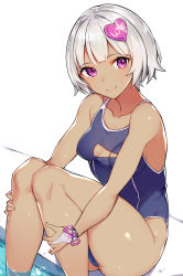 Rule 34 | 1girl, bad id, bad pixiv id, bare arms, bare shoulders, blue one-piece swimsuit, breasts, bridal gauntlets, cleavage cutout, closed mouth, clothing cutout, collarbone, commentary request, dark-skinned female, dark skin, hair ornament, heart, heart hair ornament, highres, knees up, looking at viewer, medium breasts, moemi &amp; yomemi channel, one-piece swimsuit, purple eyes, rikoma, short hair, silver hair, sitting, smile, soaking feet, solo, swimsuit, virtual youtuber, water, wet, yomemi