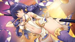 Rule 34 | 1girl, animal ears, anubis (legend clover), breasts, dog ears, dog girl, egyptian clothes, gluteal fold, highres, legend clover, long hair, looking at viewer, medium breasts, mojarin (kihara mojarin), navel, pelvic curtain, purple hair, revealing clothes, sidelocks, solo, standing, thighhighs, yellow eyes