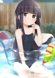 Rule 34 | 1girl, absurdres, aoshima sakana, bare shoulders, black hair, blue one-piece swimsuit, blunt bangs, blush, brown eyes, child, closed mouth, clothes pull, unworn clothes, collarbone, commentary request, competition school swimsuit, day, hair between eyes, hatsuyuki (kancolle), highres, kantai collection, long hair, looking at viewer, one-piece swimsuit, one-piece swimsuit pull, outdoors, partially submerged, pool, school swimsuit, sitting, solo, strap pull, swimsuit, thighs, wading pool, water, water drop, water gun, wet