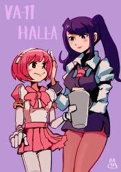 Rule 34 | 2girls, absurdres, android, artist request, bartender, bow, bowtie, commentary request, copyright name, cup, dorothy haze, highres, holding, holding cup, jill stingray, multiple girls, necktie, pantyhose, pink hair, purple hair, skirt, smile, twintails, va-11 hall-a